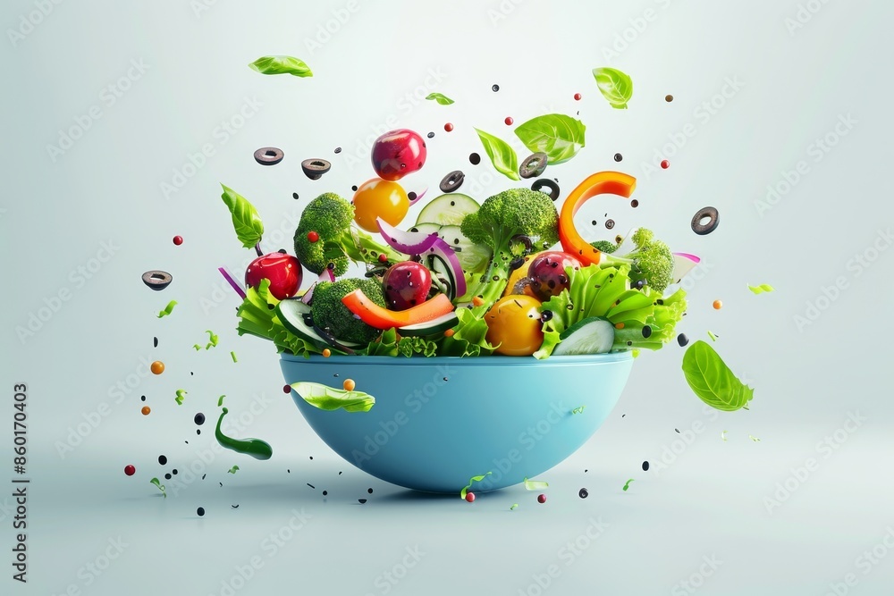 A bowl of salad with a variety of vegetables on white background A bowl of salad with a variety of vegetables on white background