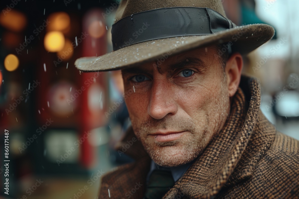 Man In Brown Hat Looking At Camera In Snowy City Man In Brown Hat Looking At Camera In Snowy City