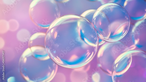 beautiful and colorful scene of bubbles, with a soft focus and bokeh effect in the background. The bubbles appear iridescent, reflecting light in various pastel shades of pink, blue, and purple. © ProDesigner