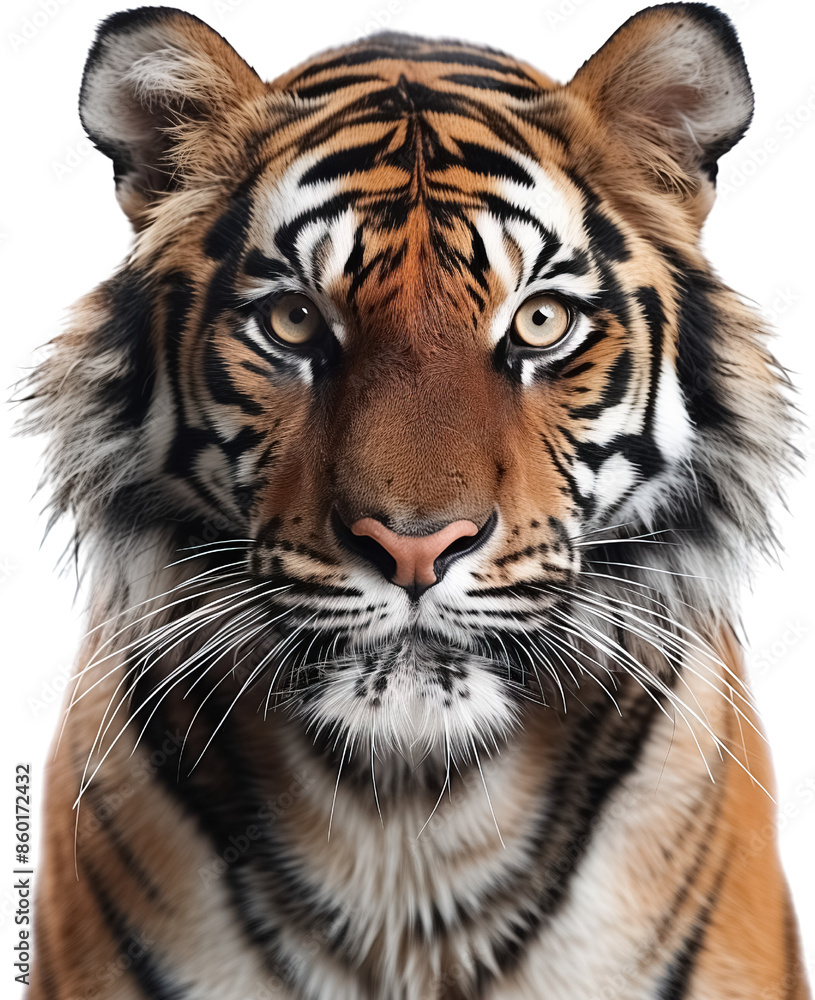 Fototapeta premium Tiger breed Malayan isolated on white background, Tiger png no background isolated on transparent, Tiger half body face