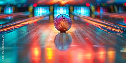 Vibrant Bowling Alley with Colorful Lights and Bowling Ball