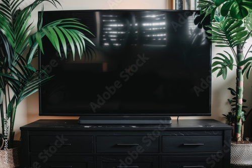 A black television and soundbar are set on a black dresser in a modern living room, with potted plants flanking the television photo