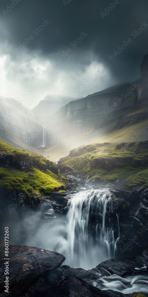 Majestic Waterfall Cascade Through Misty Mountain Gorge Majestic Waterfall Cascade Through Misty Mountain Gorge