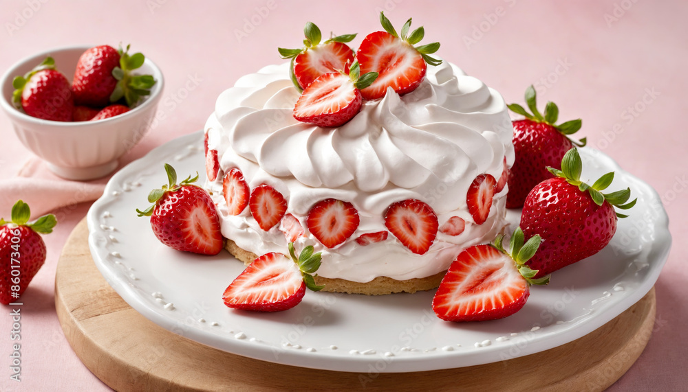 A strawberry cake with whipped cream and drizzled pink glaze. A strawberry cake with whipped cream and drizzled pink glaze.