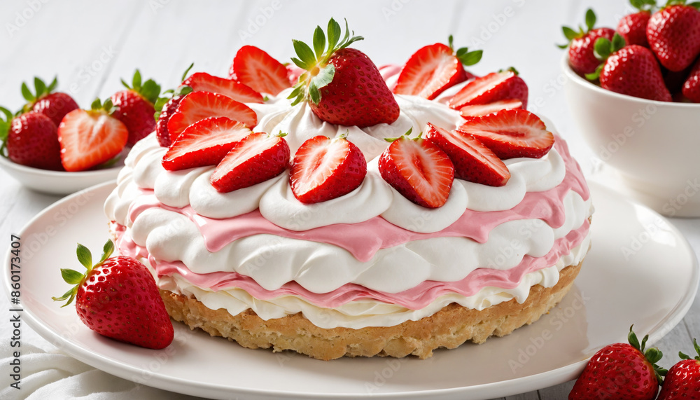 A strawberry cake with whipped cream and drizzled pink glaze. A strawberry cake with whipped cream and drizzled pink glaze.
