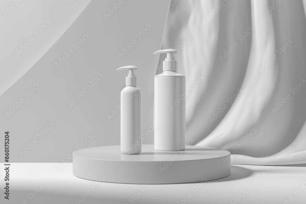 Two white cosmetic bottles on a minimalistic podium, mock up style Two white cosmetic bottles on a minimalistic podium, mock up style