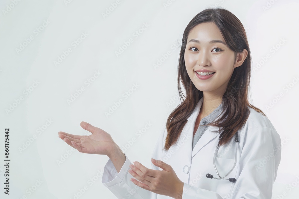 An asian female doctor presenting a health product or information at blank space. An asian female doctor presenting a health product or information at blank space.