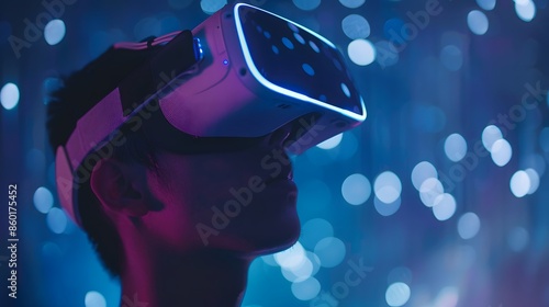 A virtual reality headset with a person exploring a digital world