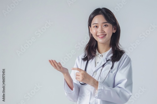 An asian female doctor presenting a health product or information at blank space.