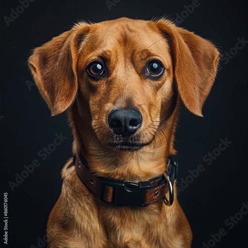 a dog with a dog collar looking at the camera