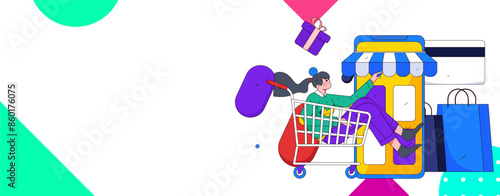 Holiday shopping people doing e-commerce online shopping flat vector concept operation hand drawn illustration
