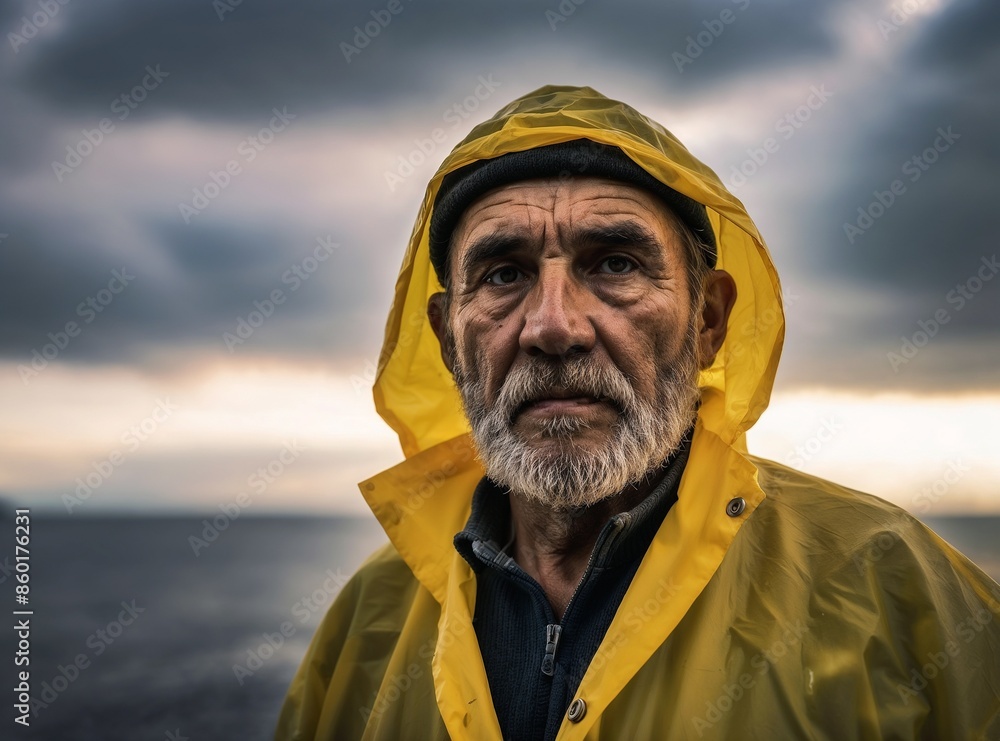 The image shows a man in a yellow raincoat standing on a beach, with a cloudy sky in the background. The man is wearing a jacket and a cap, and the background is slightly blurred. The image shows a man in a yellow raincoat standing on a beach, with a cloudy sky in the background. The man is wearing a jacket and a cap, and the background is slightly blurred.