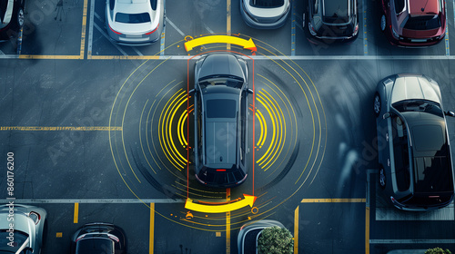 Visualization of the intelligent car parking assistant system from an overhead perspective, using autonomous technology to safely scan the road and handle parking independently.