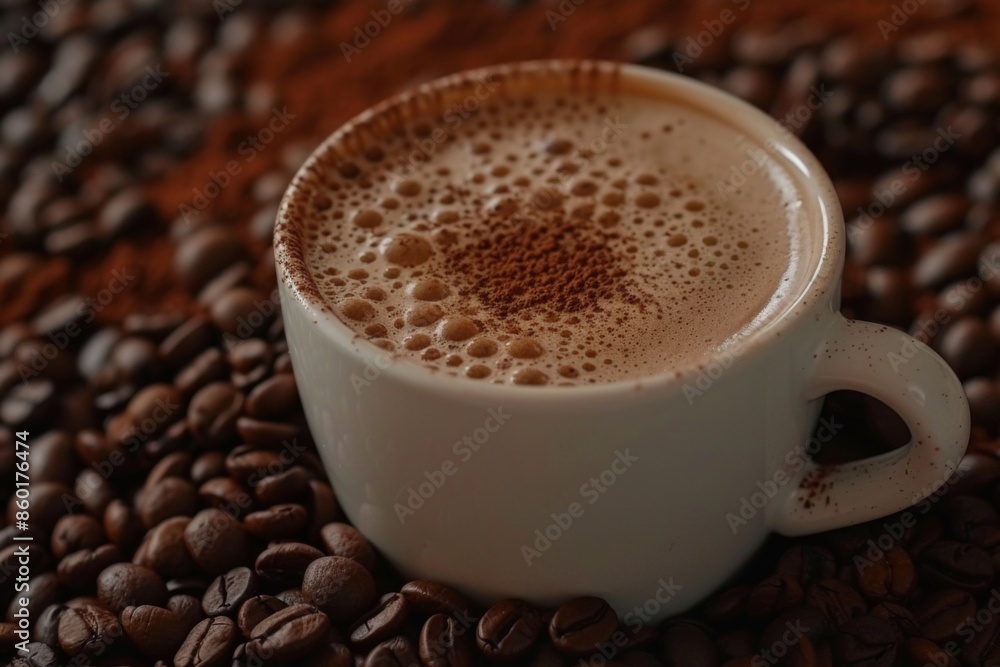 A cup of Mocha coffee inside a pile of coffee beans A cup of Mocha coffee inside a pile of coffee beans