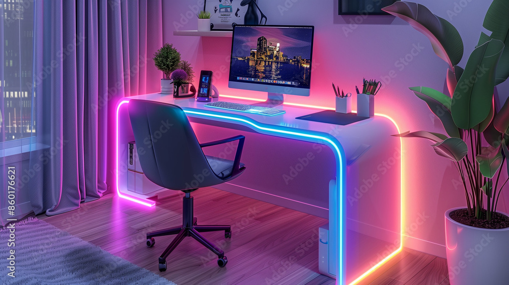 Stylish desk with colorful LED lighting in a smart home. Thanks to the ability to change the color of light, this workplace is not only practical, but also aesthetic. Stylish desk with colorful LED lighting in a smart home. Thanks to the ability to change the color of light, this workplace is not only practical, but also aesthetic.