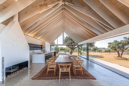 A modern farmhouse dining room features a large wooden table surrounded by chairs, with large windows offering a view of a rural landscape © pham