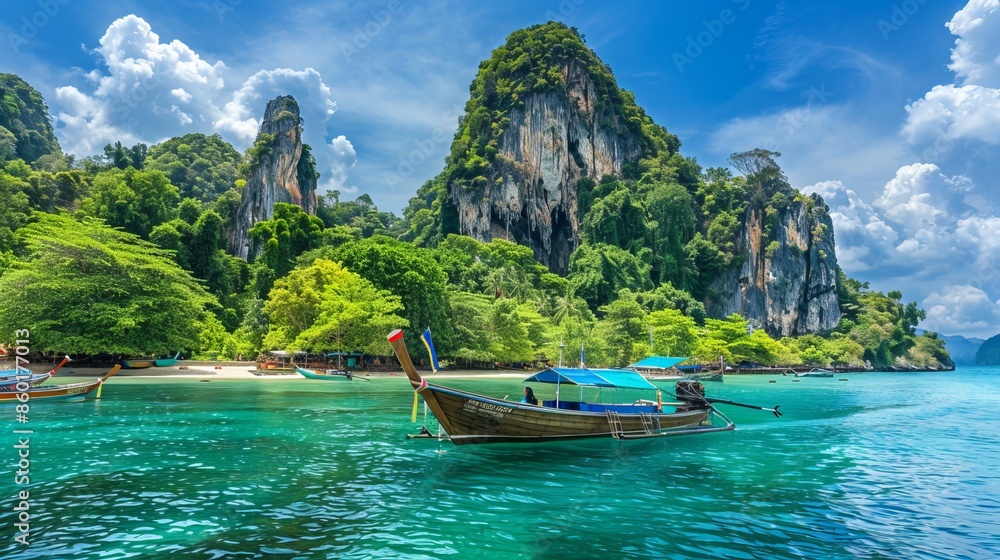 Obraz premium Stunning views of Ko Hong Island's scenic beauty, with a boat for visitors. A popular tourist spot in Phuket, Thailand, for a summer beach getaway, Asia's beautiful travel destination.