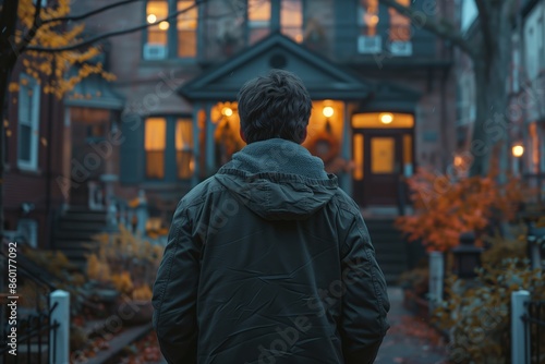 Man Walking Past a House With Lights On in the Evening © mattegg