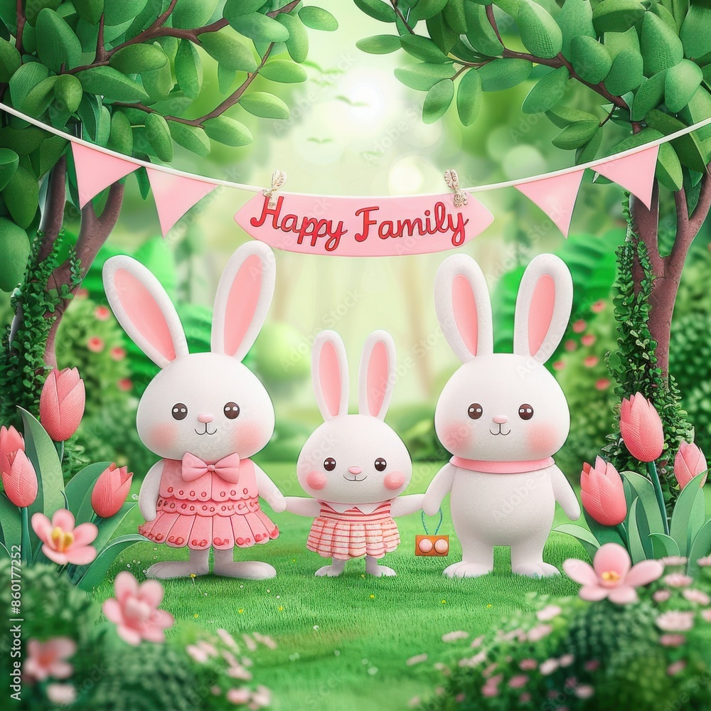 Cute bunny family celebrating happiness in a lush green garden with flowers and a festive banner. Cute bunny family celebrating happiness in a lush green garden with flowers and a festive banner.