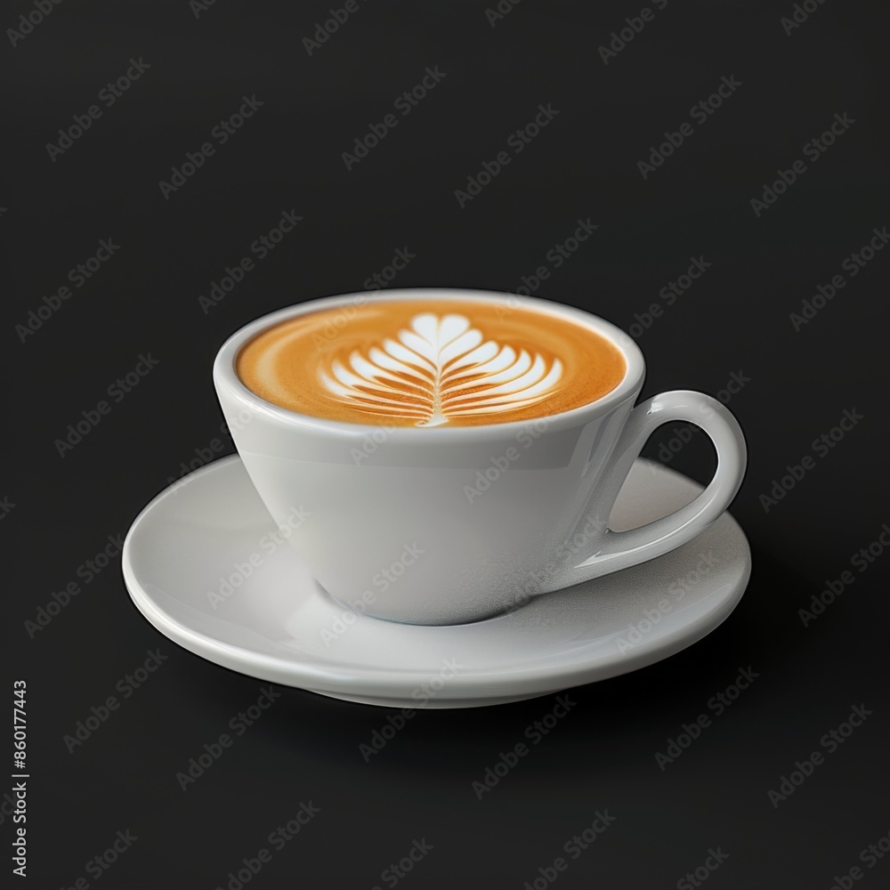cup of Latte coffee in a white cup, on top of a black table, isolated on black background cup of Latte coffee in a white cup, on top of a black table, isolated on black background