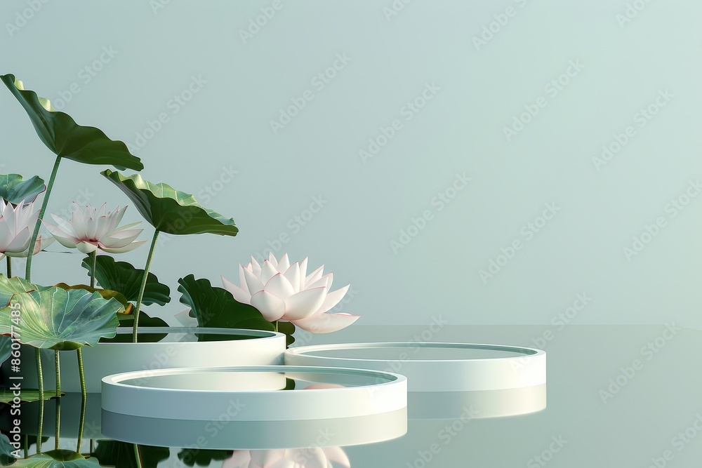 A beautiful scene of product showcase floating on pond with lotuses A beautiful scene of product showcase floating on pond with lotuses