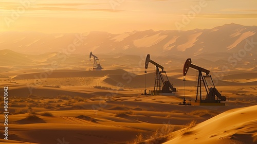 War has shaken up oil prices. The talk is about setting a cap on oil prices. Oil derricks drill into the desert, pumping up crude oil. This is how we get petroleum. photo