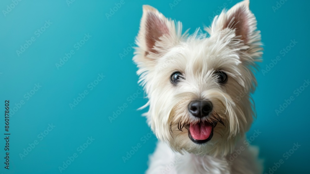 Joyful White Terrier, Westie. Isolated against a vibrant blue background. Canine. Dog. Pet. Joyful White Terrier, Westie. Isolated against a vibrant blue background. Canine. Dog. Pet.