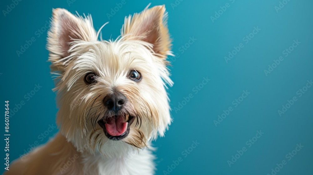 Joyful White Terrier, Westie. Isolated against a vibrant blue background. Canine. Dog. Pet. Joyful White Terrier, Westie. Isolated against a vibrant blue background. Canine. Dog. Pet.
