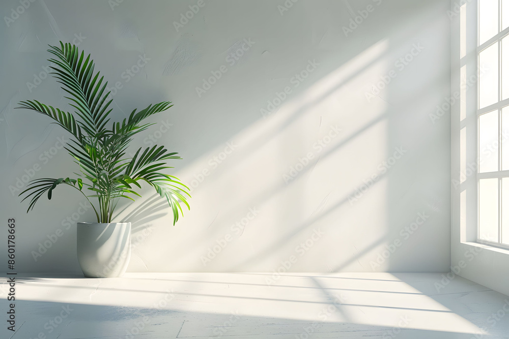 3D rendering of a clean white wall with soft light and shadow, featuring a potted plant on the left side. Ideal for minimalist and modern interior design themes. 3D rendering of a clean white wall with soft light and shadow, featuring a potted plant on the left side. Ideal for minimalist and modern interior design themes.