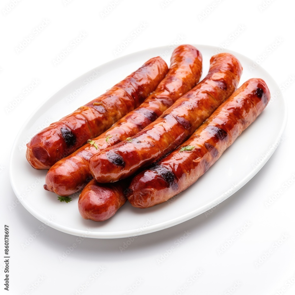 Grilled Sausage Links on a White Plate - Perfectly Cooked Grilled Sausage Links on a White Plate - Perfectly Cooked
