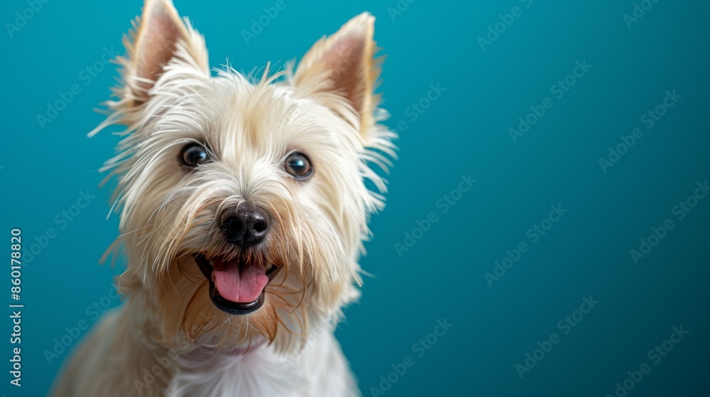 Joyful White Terrier, Westie. Isolated against a vibrant blue background. Canine. Dog. Pet. Joyful White Terrier, Westie. Isolated against a vibrant blue background. Canine. Dog. Pet.