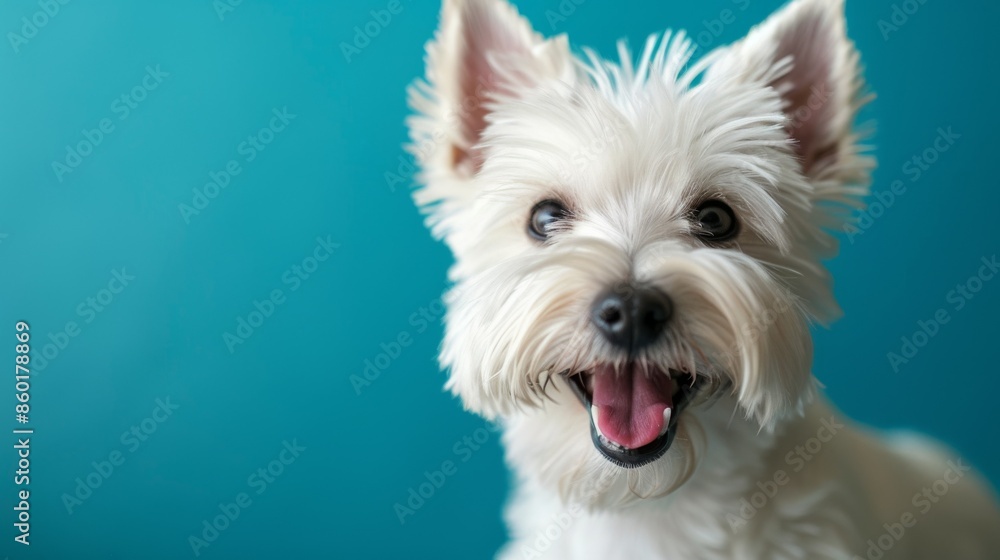Joyful White Terrier, Westie. Isolated against a vibrant blue background. Canine. Dog. Pet. Joyful White Terrier, Westie. Isolated against a vibrant blue background. Canine. Dog. Pet.