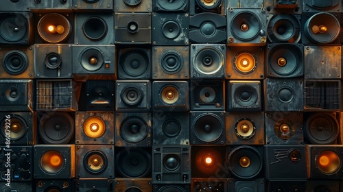 Fototapeta Naklejka Na Ścianę i Meble -  wall made of soundspeakers, speakers with led lights.