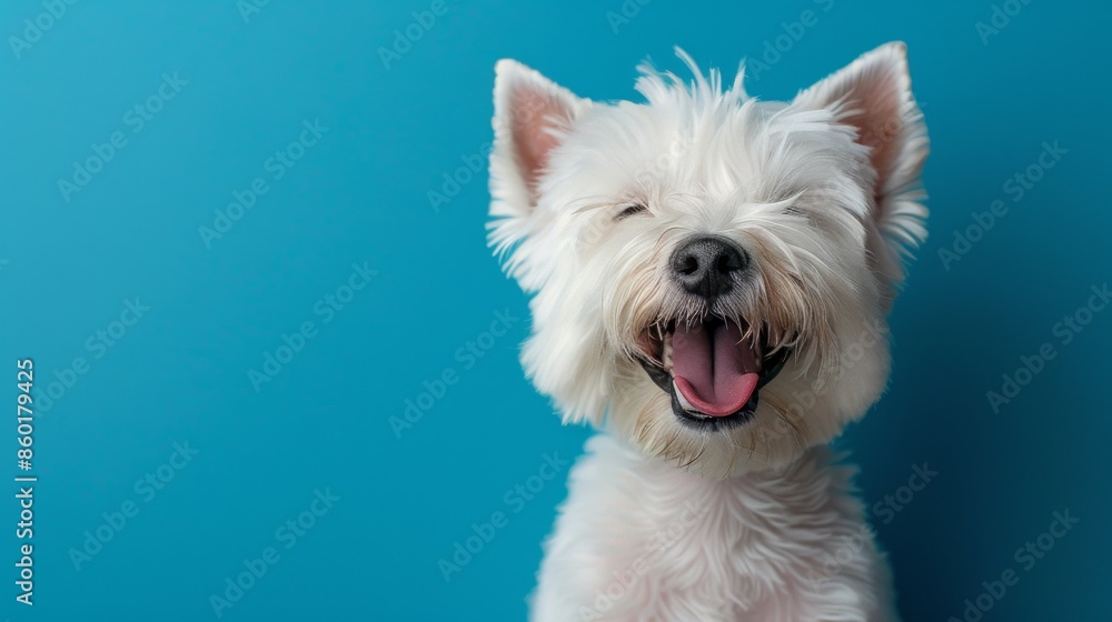 Joyful White Terrier, Westie. Isolated against a vibrant blue background. Canine. Dog. Pet. Joyful White Terrier, Westie. Isolated against a vibrant blue background. Canine. Dog. Pet.