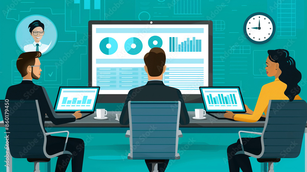 Three professionals reviewing data on laptops and a large screen, with charts and graphs in a modern office. Three professionals reviewing data on laptops and a large screen, with charts and graphs in a modern office.