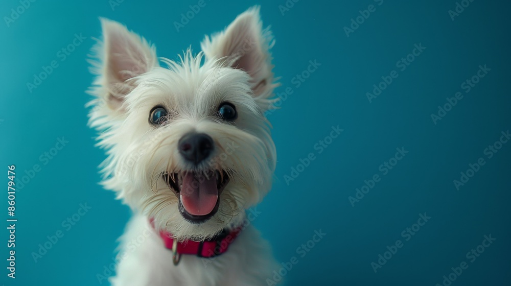 Joyful White Terrier, Westie. Isolated against a vibrant blue background. Canine. Dog. Pet. Joyful White Terrier, Westie. Isolated against a vibrant blue background. Canine. Dog. Pet.
