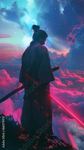 Wallpaper Mural Samurai with Katana Animation Loop - Traditional Anime Manga Warrior Torontodigital.ca