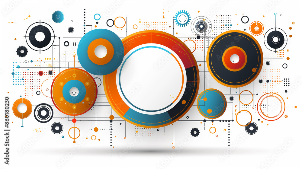 Fototapeta premium A colorful, geometric design featuring interlocking circles and lines in blue, orange, and black hues.