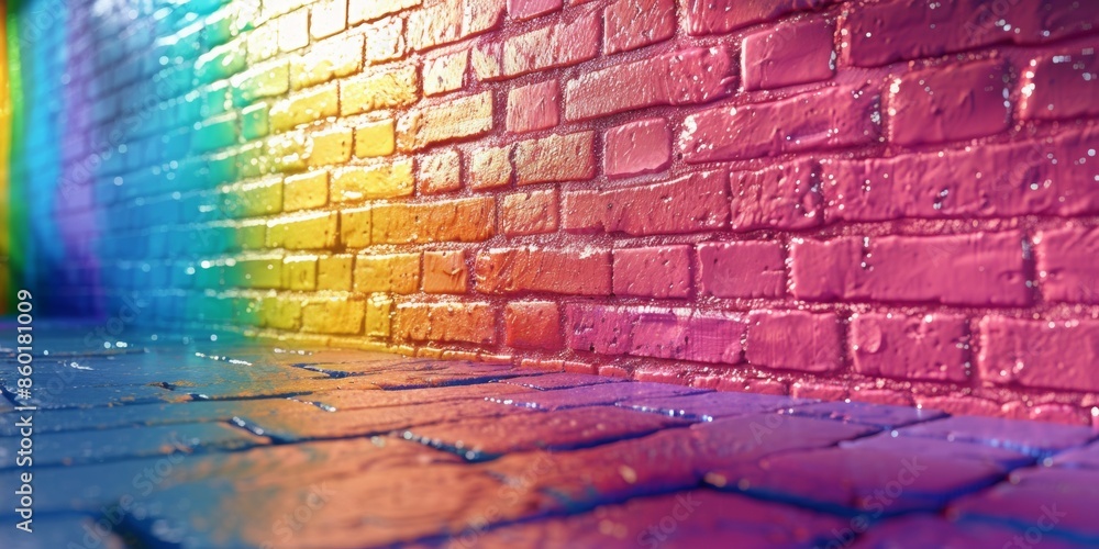 wide angle shot frontal view of industrial shiny rainbow painted brick wall photorealistic wide angle shot frontal view of industrial shiny rainbow painted brick wall photorealistic