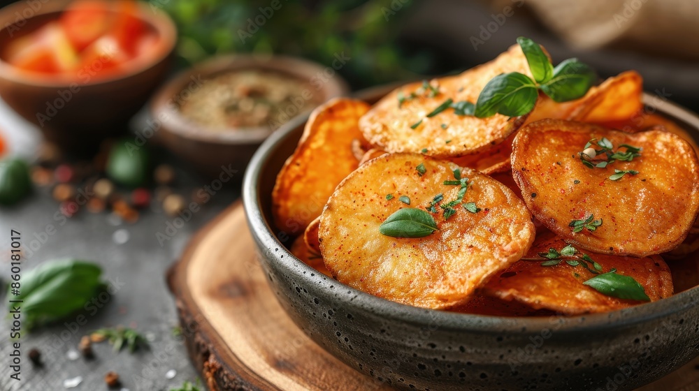 Close-up of thick, crispy potato chips garnished with fresh herbs, served in a dark ceramic bowl on a wooden surface. The image highlights the chips' rich texture and flavor.