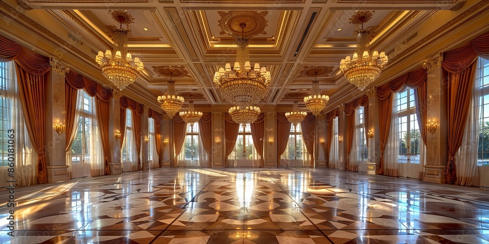 Obraz premium Elegant Grand Ballroom with Luxurious Chandelier Lighting and Opulent Design