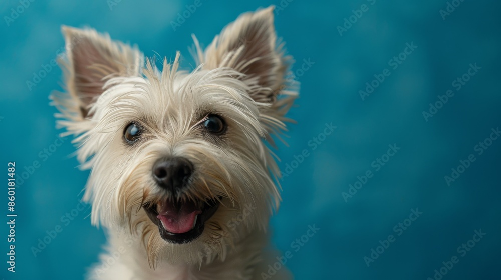 Joyful White Terrier, Westie. Isolated against a vibrant blue background. Canine. Dog. Pet. Joyful White Terrier, Westie. Isolated against a vibrant blue background. Canine. Dog. Pet.