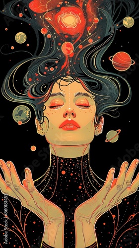 the girl raises her hands to the sky, in her dark hair there are planets and galaxies. flat illustration photo