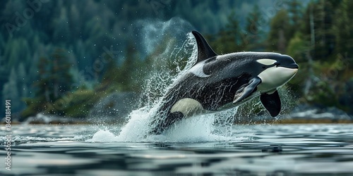 Majestic Orca Leaping Out of Ocean Near Forest Shoreline in Misty Afternoon photo