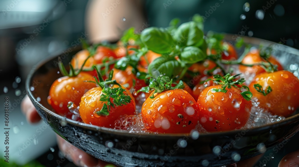 A vibrant image showcasing freshly washed red tomatoes in water, accompanied by green basil leaves, highlighting freshness and natural beauty in a colorful setting. A vibrant image showcasing freshly washed red tomatoes in water, accompanied by green basil leaves, highlighting freshness and natural beauty in a colorful setting.