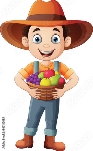 Cartoon boy holding a basket of fruits