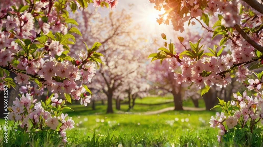 Sunlit Cherry Blossom Branches in Spring Sunlit Cherry Blossom Branches in Spring