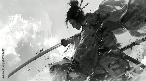 Samurai with Katana Animation Loop, Traditional Anime Manga Warrior, black and white
