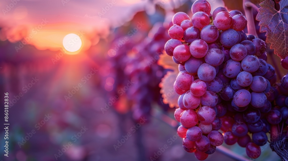 Fototapeta premium Ripe grape clusters hanging on vineyard vines during a stunning sunset, capturing the rich, deep colors and the bountiful harvest of a fruitful vineyard.