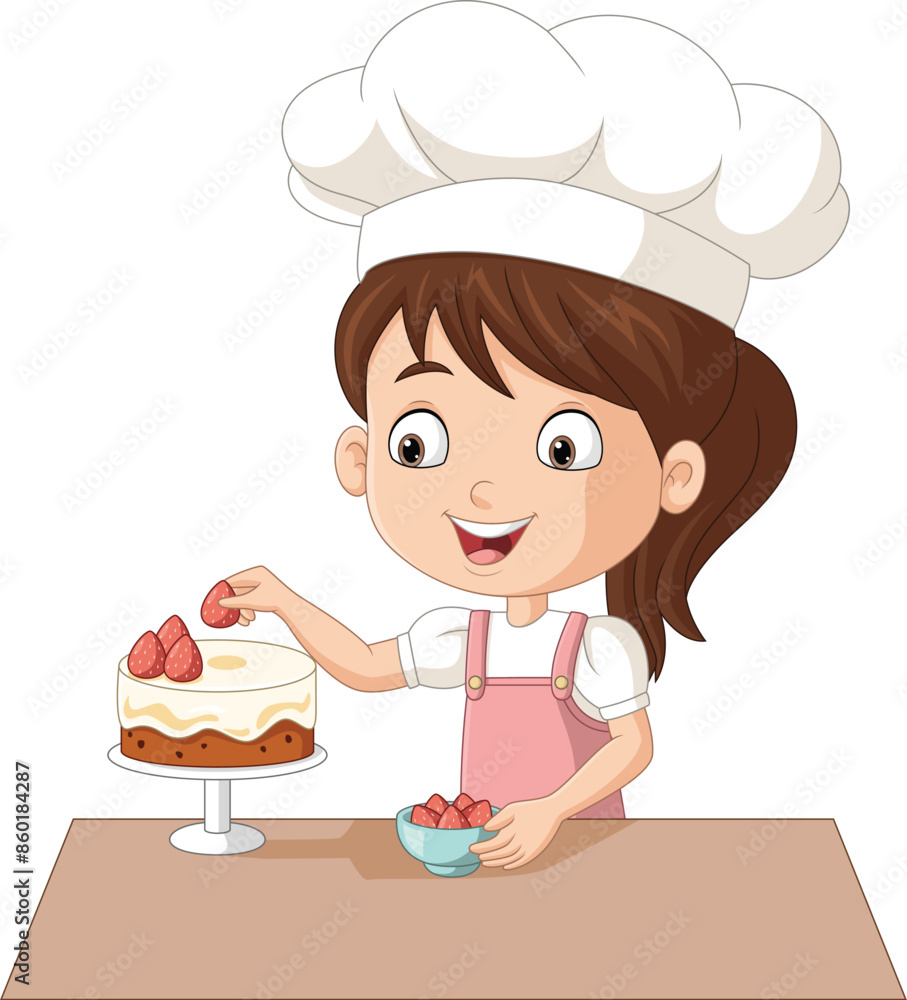 Little girl decorating a cake with strawberry fruits Little girl decorating a cake with strawberry fruits